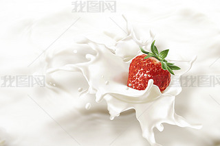 Strawberry falling into a sea of milk, causing a splash.