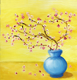 樱花花。蓝色的花瓶。儿童画。Guash.