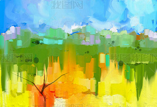 Abstract colorful oil painting landscape on canvas. Semi- abstract image of tree in yellow and green