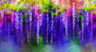 Abstract violet, red and yellow color flowers. Watercolor painting. Spring purple flowers Wisteria t