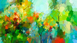 抽象多彩油画风景在画布上。半抽象的树在森林里。绿色和红色的叶子与蓝蓝的天空.