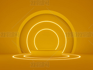 Pedestal, glowing line frames, neon lights, round portal, yellow cylinder steps, abstract minimal co