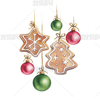 Watercolor Christmas gingerbread cookies a star and a Christmas tree with Christmas balls red and gr