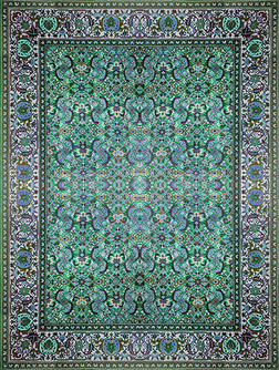 波斯地毯质地，抽象的装饰。圆形曼荼罗图案，中东传统地毯织物纹理。绿松石的乳白色的蓝色的灰色的棕色的黄色的红色