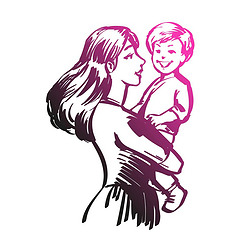 妈妈和宝宝。美丽的女人抱着可爱的小孩。手绘图解草图,贺卡设计