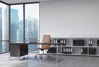 A CEO workplace in a modern corner panoramic office with Singapore city view. A black desk with a la