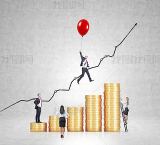 Businesan flying on red baloon over bar chart made of coins, another man standing on the lowest ba