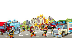 卡通插图与消防队员和他们的汽车在工作中扑灭消防和救护车----有文字空间----为儿童作说明