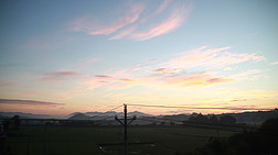 早晨日出云彩景色一只依靠在电线上的鸟