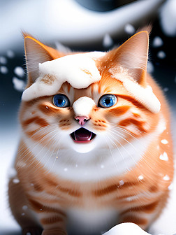 玩雪的黄色橘猫个性可爱高清摄影图