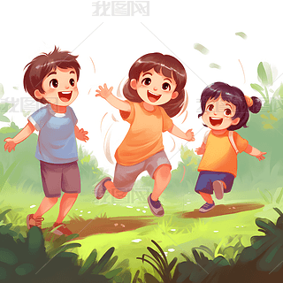 手绘六一儿童节孩子们在一起开心的玩耍插画元素
