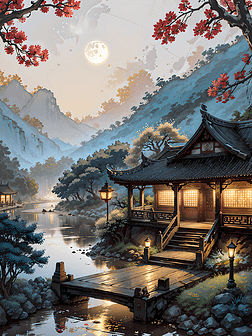 中式古典建筑夜景漫画唯美小清新风格装饰画数字艺术