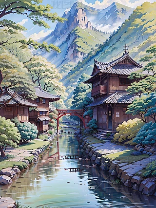 中国风传统古镇小河风景动漫小清新海报插画数字艺术