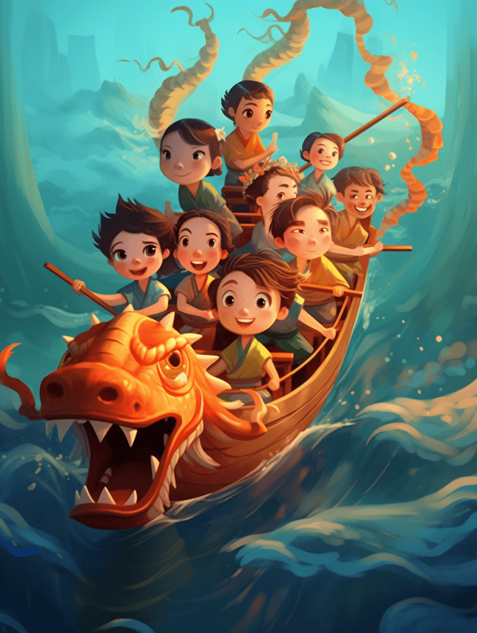 端午节夏天阳光孩子划龙舟水彩油画海报插画005