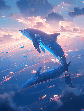 蓝色高清海豚动物背景插画海报素材