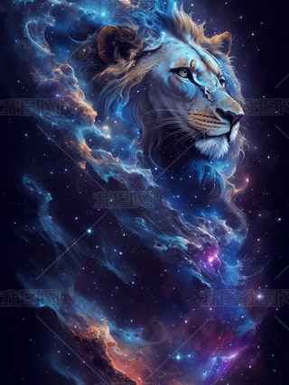 数字艺术作品超高清梦幻星空狮子插画