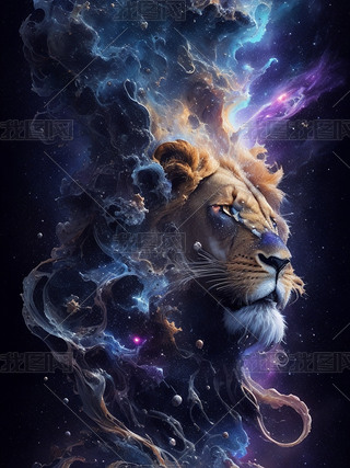 绚烂星空超高清数字艺术|数字艺术作品超高清梦幻星空狮子插画