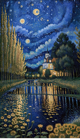 梵高星月夜油画向日葵抽象画创意装饰画数字艺术