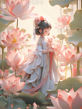 盛夏夏日夏天荷花塘中的女孩国潮古风精灵插画11