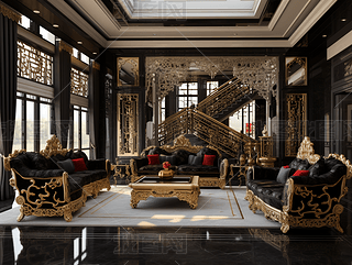高端大气黑金奢华风室内装修效果图高清摄影图