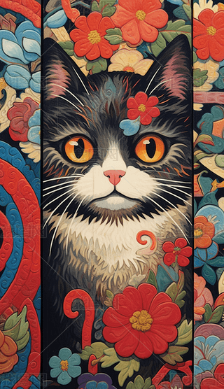 国潮民族风彩色猫咪萌宠动物背景装饰插画