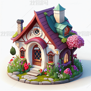 别墅花园建筑3d效果卡通创意海报设计插画数字艺术