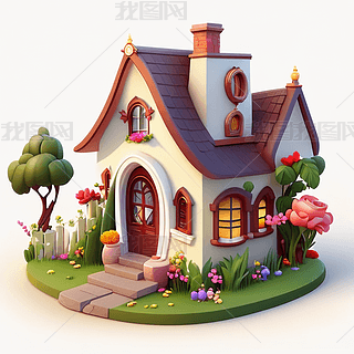 别墅花园建筑3d效果卡通创意海报设计插画数字艺术