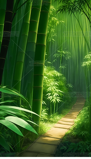 水彩水墨竹林翠竹溪水绿色背景壁纸插画装饰画海报