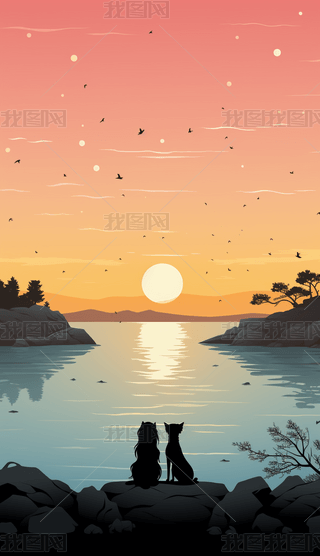女孩与狗唯美粉绿日出日落渐变海报背景