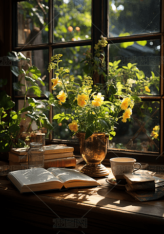 窗下桌面谁笨咖啡花朵文艺励志日签海报背景摄影图