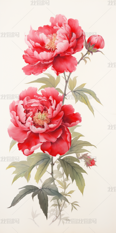 国花牡丹花工笔画复古水墨画中国风国潮风手绘插下载-编号