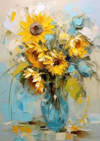 原创梵高风格印象派手绘花卉花瓶插花油画抽象装饰画