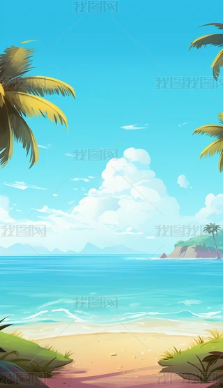 蓝色扁平风夏季海边沙滩插画背景