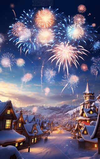 唯美新年烟花雪地城堡人物背景