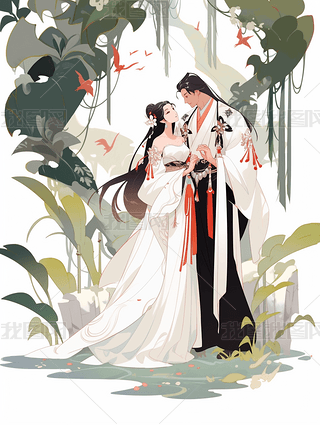 古代恋人插画七夕节情侣
