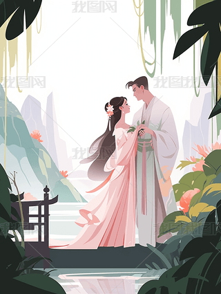 古代恋人插画七夕节情侣
