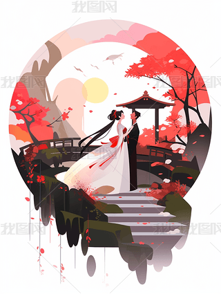 古代恋人插画七夕节情侣