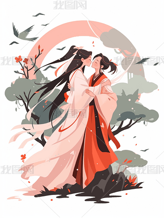 古代恋人插画七夕节情侣