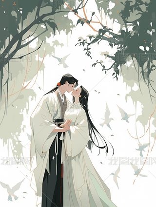 古代恋人插画七夕节情侣