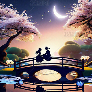 七夕情人节中国风情侣花前月下背景图