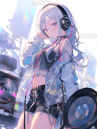插画风戴耳机的少女女孩海报背景手机壁纸
