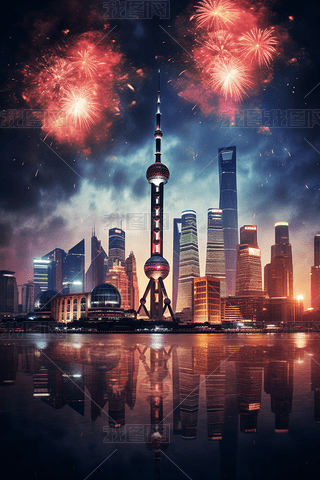 烟花新年上海东方明珠背景