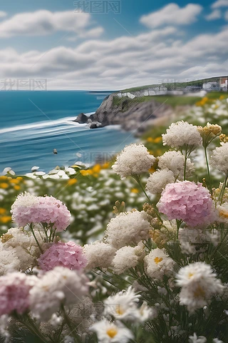 蓝色海边摄影图|美丽蓝色大海边各种花朵绽放景色