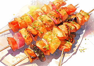 烤串水彩手绘插画