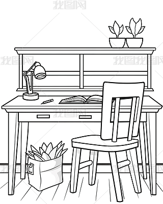 教室书桌黑轮廓白线条儿童上色书涂色插图素材