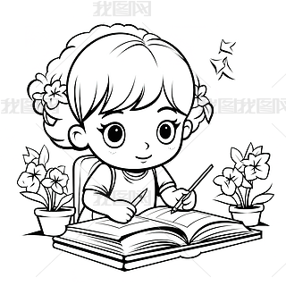 读书的小女孩黑白线条轮廓上色书涂色插图素材8