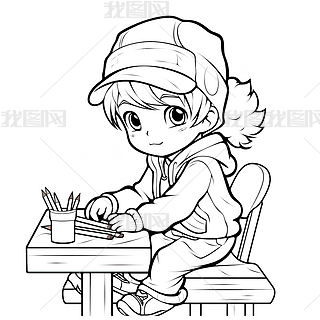 读书的小女孩黑白线条轮廓上色书涂色插图素材7