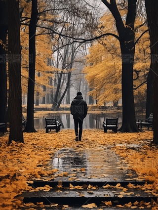 深秋一个男人走在公园里的背影图,地上铺满落叶