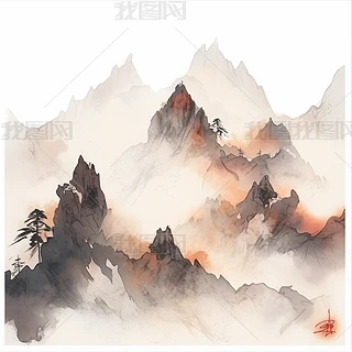 中国风水墨风格山峰山川远山风景插画