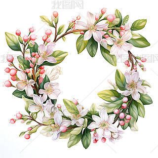 美丽的手绘鲜花花草花朵花环的水彩画装饰画